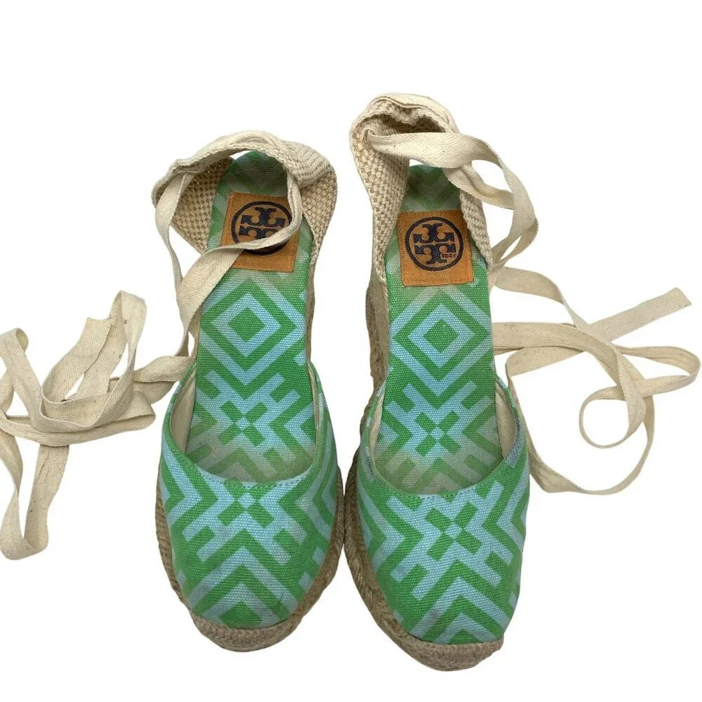 Tory Burch Green Patterned Espadrille Wedge Lace Up Sandals Size 8 Canvas Jute